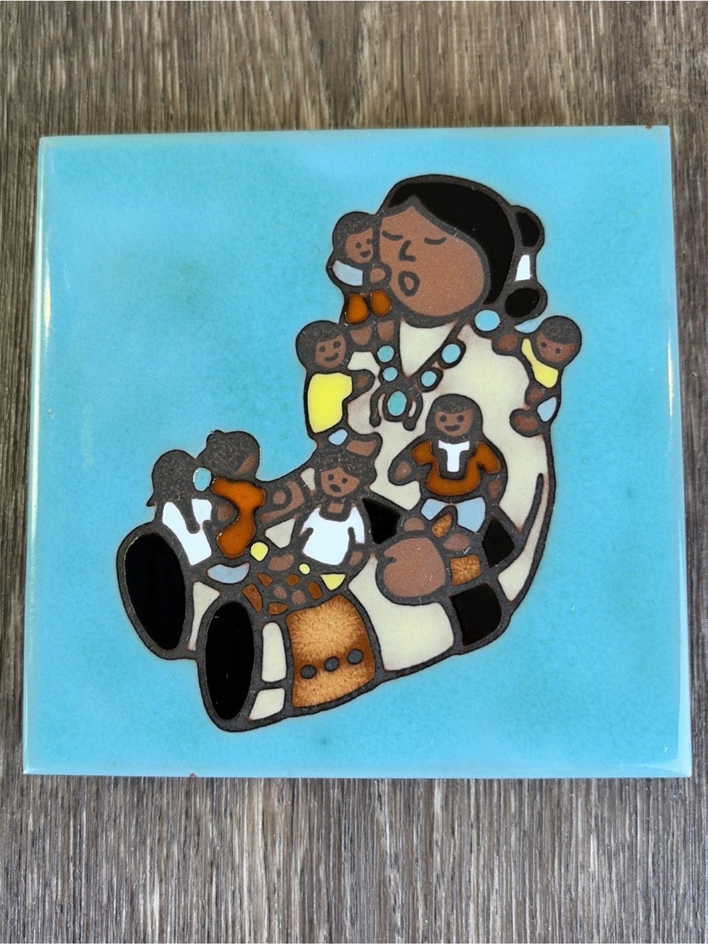 Cleo Teissedre Tile Trivet Mother Child Children Hand Painted 4" Ceramic USA